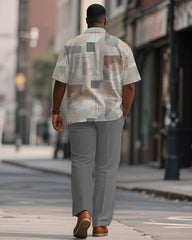 Men's Plus Size Simple Gray Color Block Printed Short Sleeve Shirt Trousers Suit
