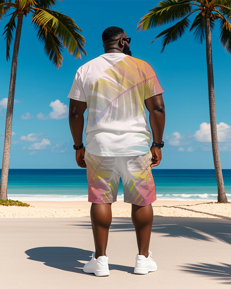 Big & Tall Men's Hawaiian Pink Leaf Print Round Neck Short Sleeve T-Shirt Shorts Suit
