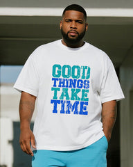 Big & Tall Men's Blue Good Thngs Take Time Letter Print Round Neck Short Sleeve T-Shirt Shorts Suit