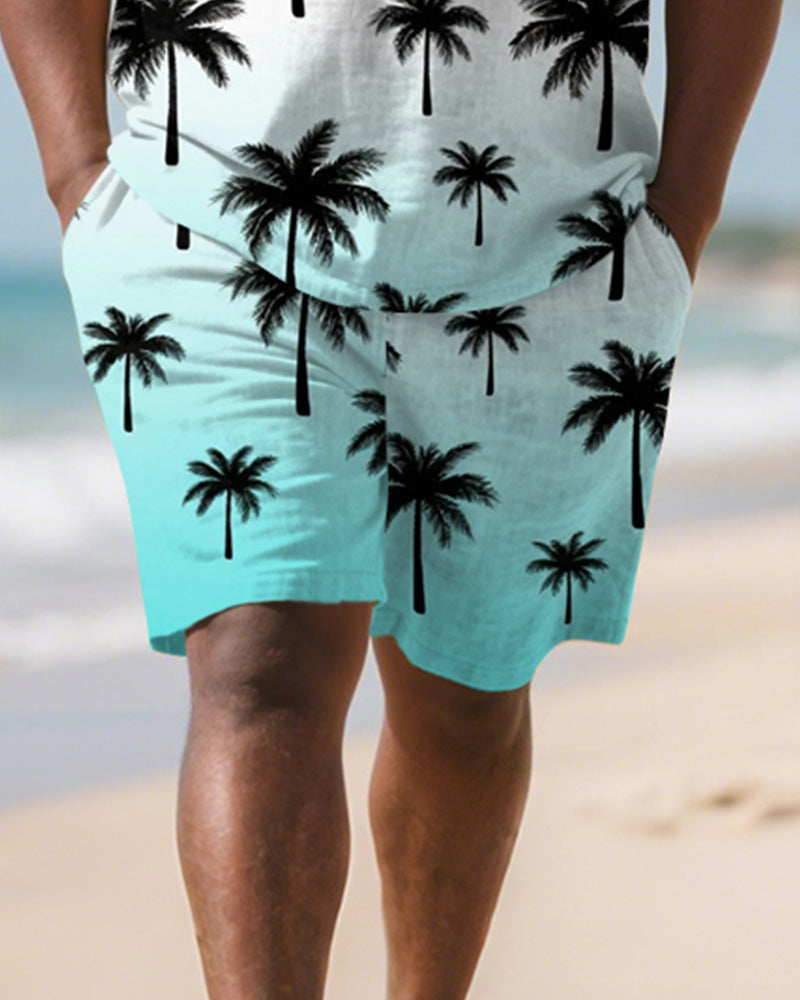 Men's Plus Size Red Blue Coconut Gradient Print Round Neck Short Sleeve T-shirt Shorts Suit