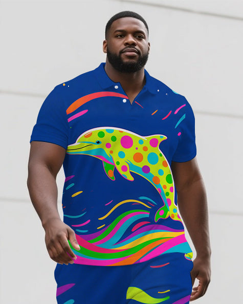 Big Men's Fantasia Polka Dot Dolphin Cartoon Casual Style Short-Sleeve Polo Shirt & Shorts Set
