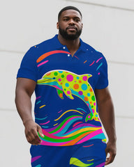 Big Men's Fantasia Polka Dot Dolphin Cartoon Casual Style Short-Sleeve Polo Shirt & Shorts Set