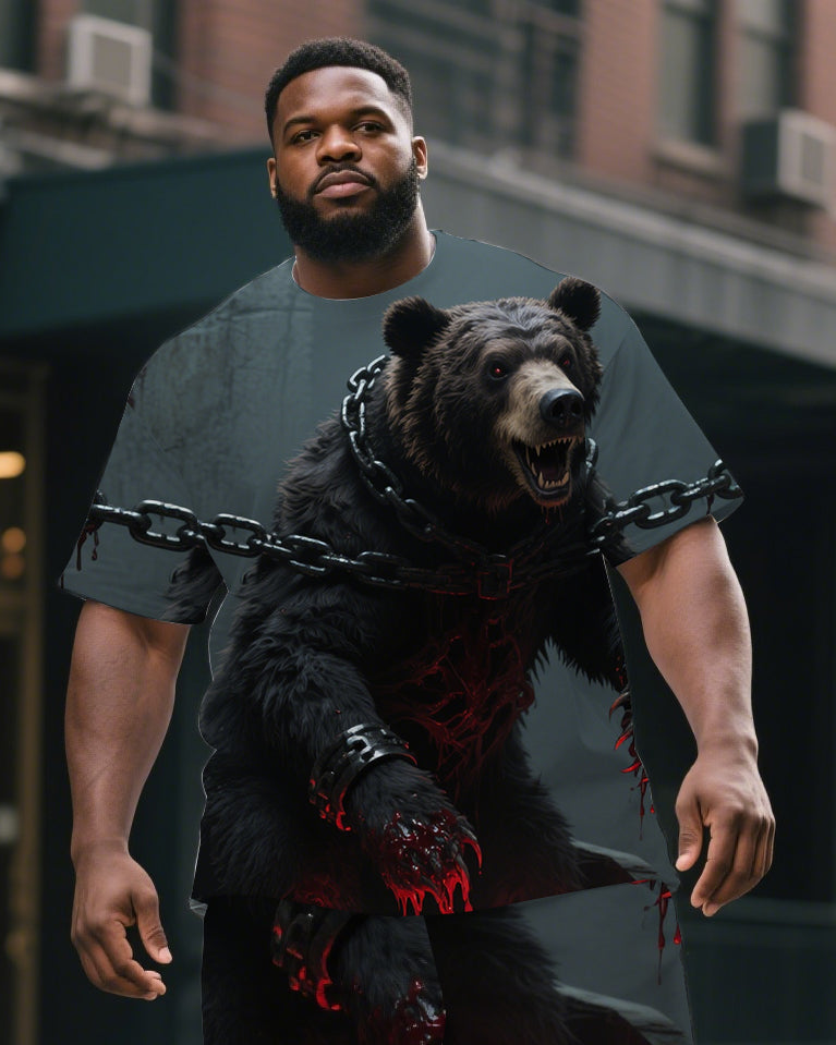 Men's  Big & Tall Casual Gothic Style Chained Bear Printed Short Sleeve T-Shirt Shorts Set
