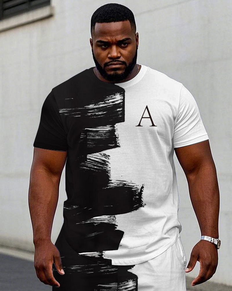 Men's Plus Size Street Fashion Brush Chest Letter Print Short Sleeve T-Shirt Shorts Suit