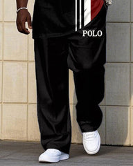 Big Men's Black & Red Color-block POLO Printed Short-sleeved T-shirt Pants Set