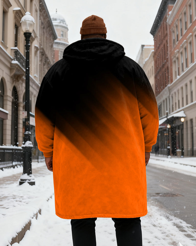 Big & Tall Men's Black And Red Gradient Printed Velvet Padded Long Hooded Coat