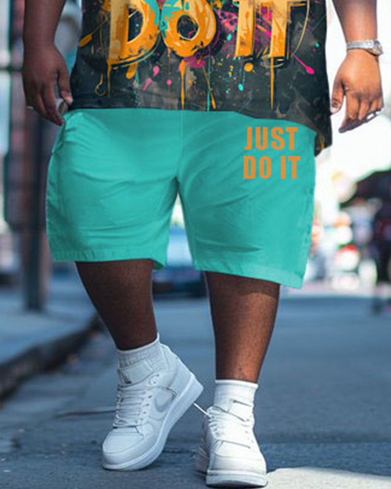 Men's Plus Size Street Fashion Graffiti Alphabet Print T-Shirt Shorts Suit
