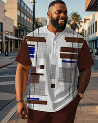 Men's Plus Size Brown Colorblock Stripe Geometric Print Henley Collar T-Shirt Trousers Suit