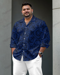 Men's Plus Size Sapphire Blue Jacquard Long Sleeve Shirt Trousers Suit