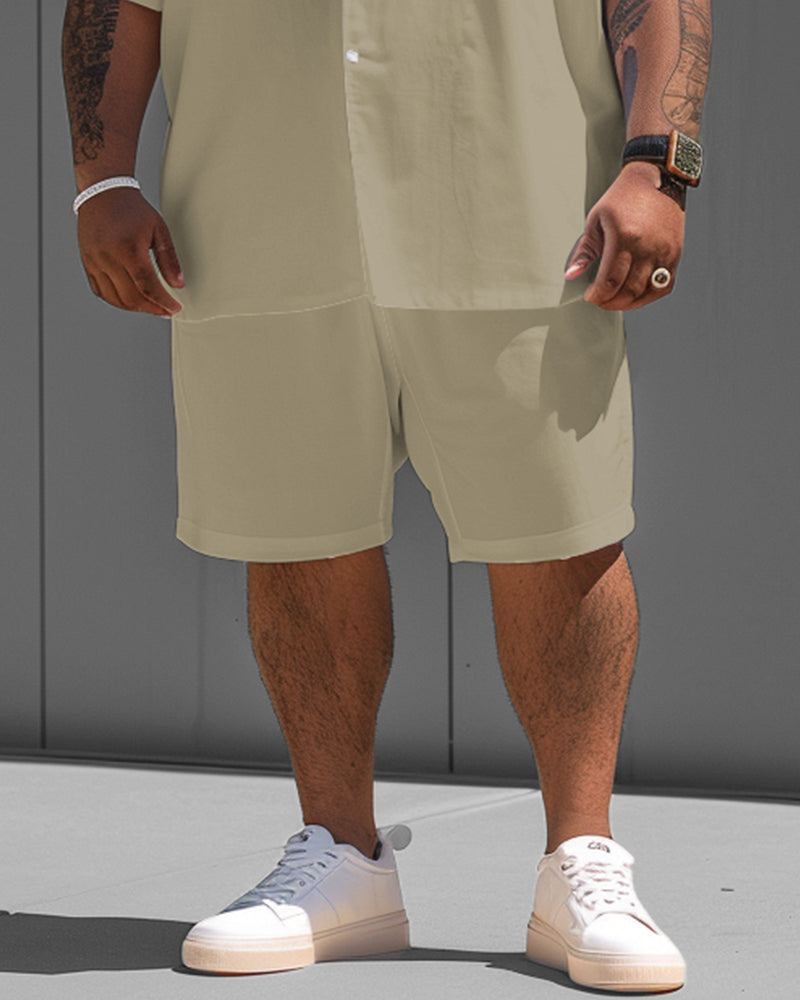 Simple Khaki Solid Color Big Men Short Sleeve Shirt Shorts Set