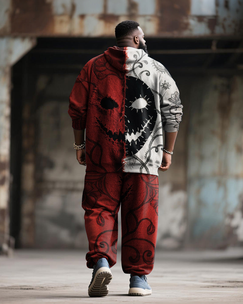 Big & Tall Men's Halloween Black Red Mask Emoji Contrast Stitch Print Hoodie Suit