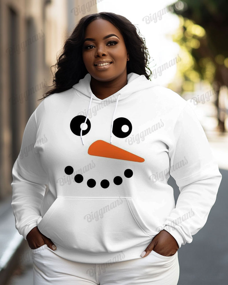 Women's Big & Tall Fashion Snowman Face Print Long-sleeved Hoodie