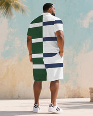 Big & Tall Men's Summer White & Green Geometric Colorblock Polo Short Sleeve Shirt Shorts Suit