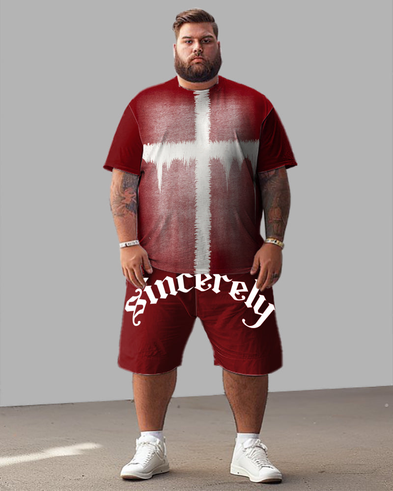 Men's Plus Size Cross Print T-Shirt Shorts Suit