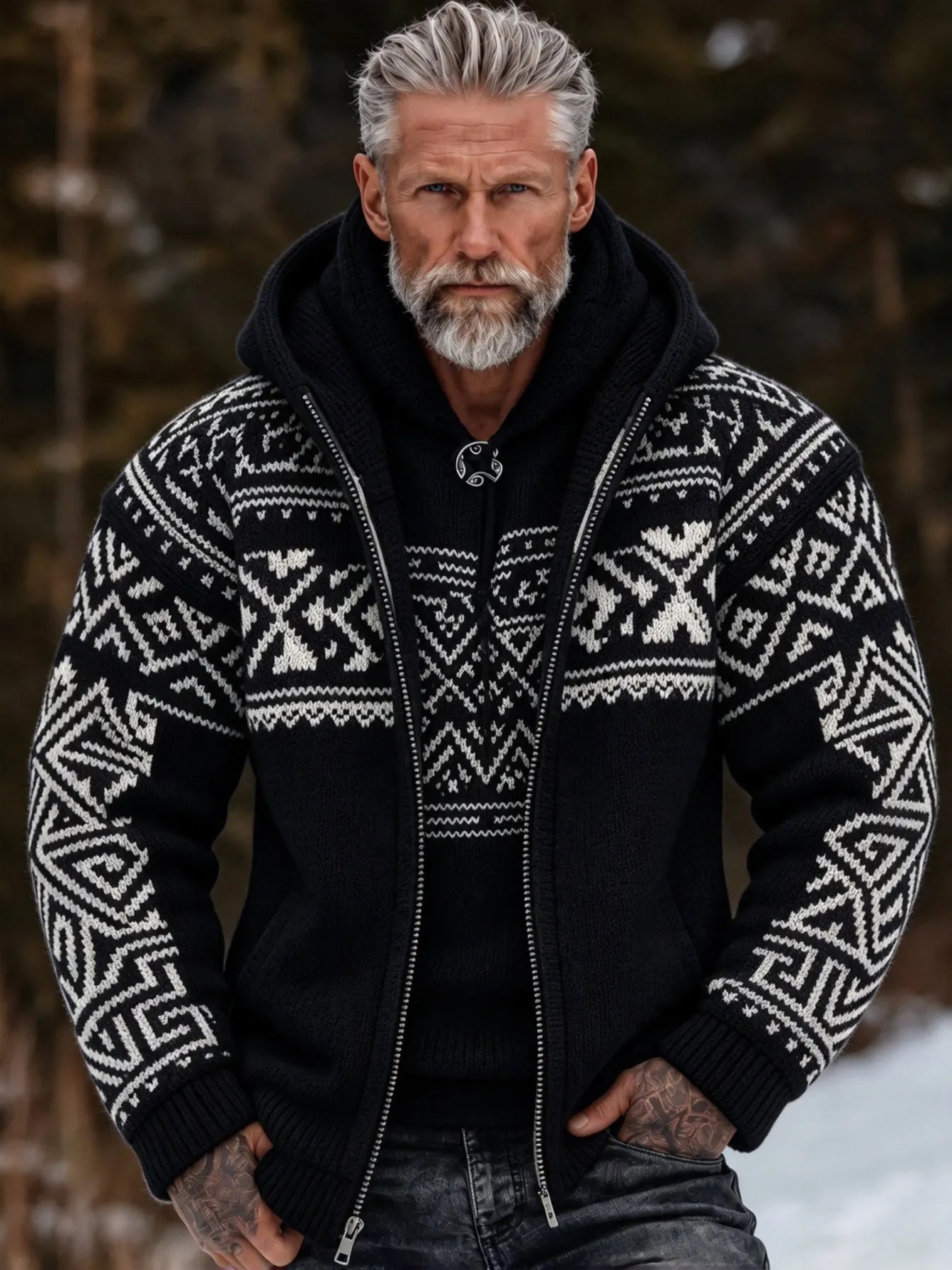 Men's Vintage Geometry Art Cozy Warm Knitted Jacquard Zipper Hooded Sweater