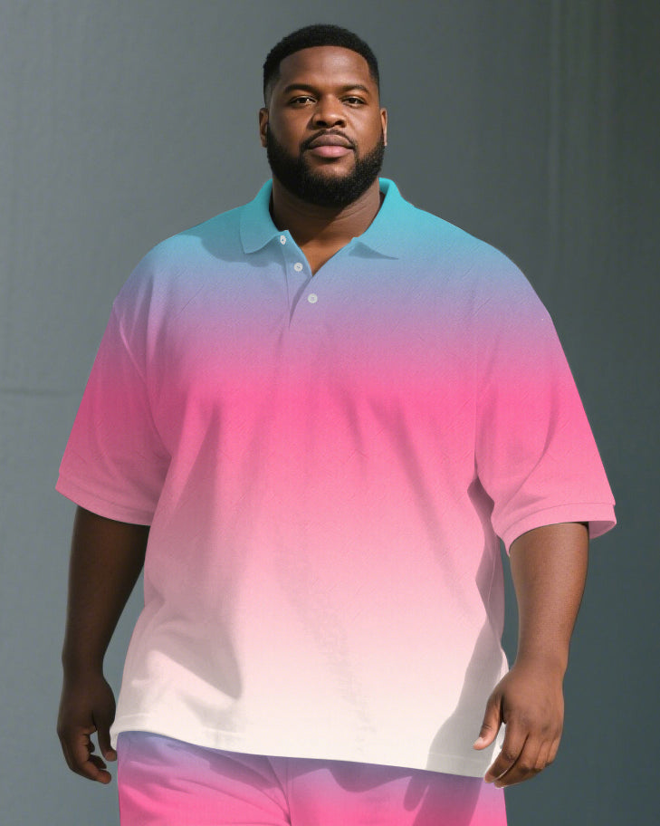 Big Men's Romantic Blue & Pink Gradient Short Sleeve Polo Shirt Shorts Suit