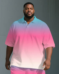 Big Men's Romantic Blue & Pink Gradient Short Sleeve Polo Shirt Shorts Suit