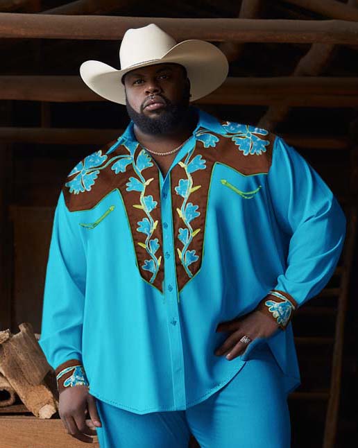 Men's Plus Size Western Denim Style Blue Long Sleeve Trousers Two-Piece Set