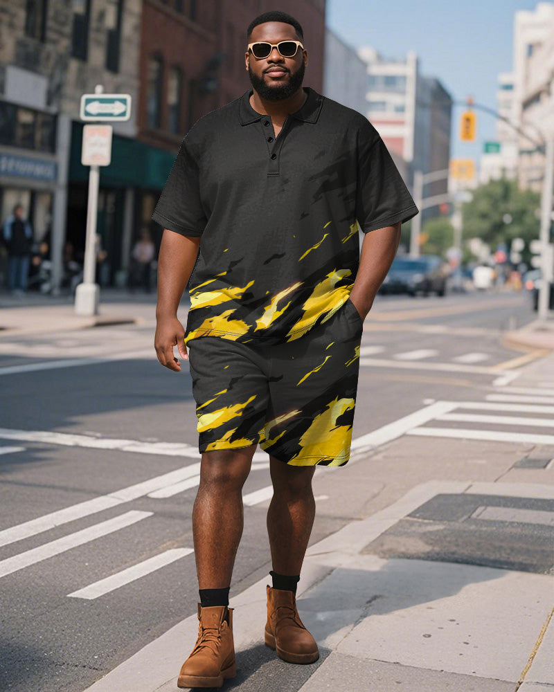 Big & Tall Men's Business Black Stroke Graffiti Print Short Sleeve Polo Shirt Shorts Suit