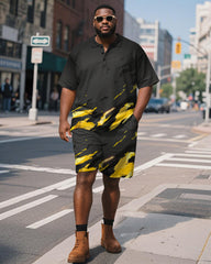 Big & Tall Men's Business Black Stroke Graffiti Print Short Sleeve Polo Shirt Shorts Suit