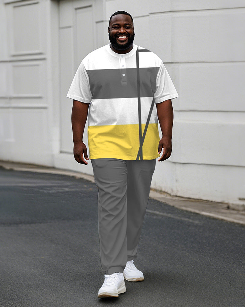 Men's Plus Size Yellow Grey Colorblock Stripe Geometric Print Henry Collar T-Shirt Trousers Suit