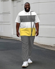 Men's Plus Size Yellow Grey Colorblock Stripe Geometric Print Henry Collar T-Shirt Trousers Suit