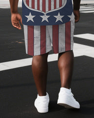 Big & Tall Men's Blue Independence Flag Inspired Logo Back Print Short-Sleeve T-shirt Shorts Set