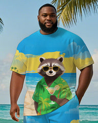 Men's Plus Size Hawaiian Blue Raccoon Drinking Cocktail Print Short Sleeve T-Shirt Shorts Suit