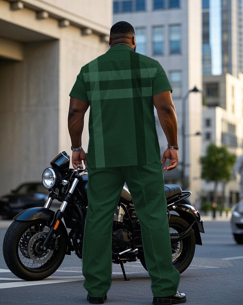 Men's Plus Size Gentleman Style Green Large Plaid Short Sleeve Shirt Pants Suit