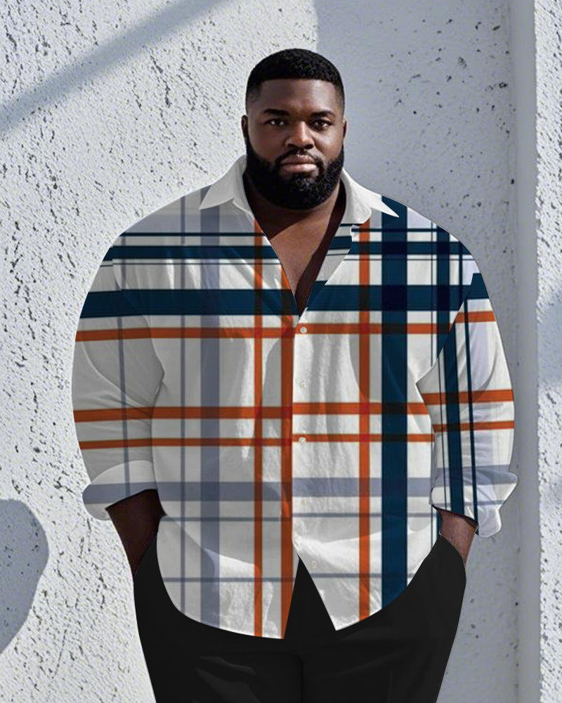 Men's Plus Size Business Blue Contrast Check Geometric Print Long Sleeve Shirt