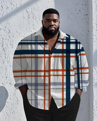 Men's Plus Size Business Blue Contrast Check Geometric Print Long Sleeve Shirt