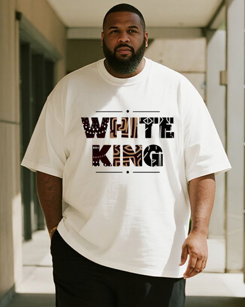 Big & Tall Men's Ethnic Pattern White King Alphabet Print Round Neck Short Sleeve T-Shirt Shorts Suit