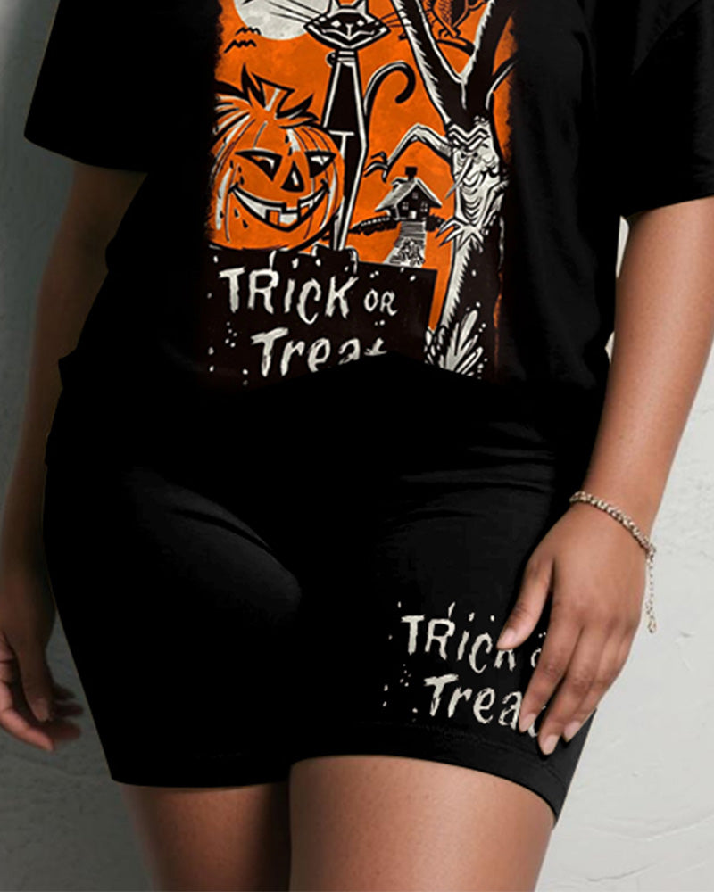 Women's Big & Tall Halloween Trick Or Treat Graffiti Print Short Sleeve Shorts Suit