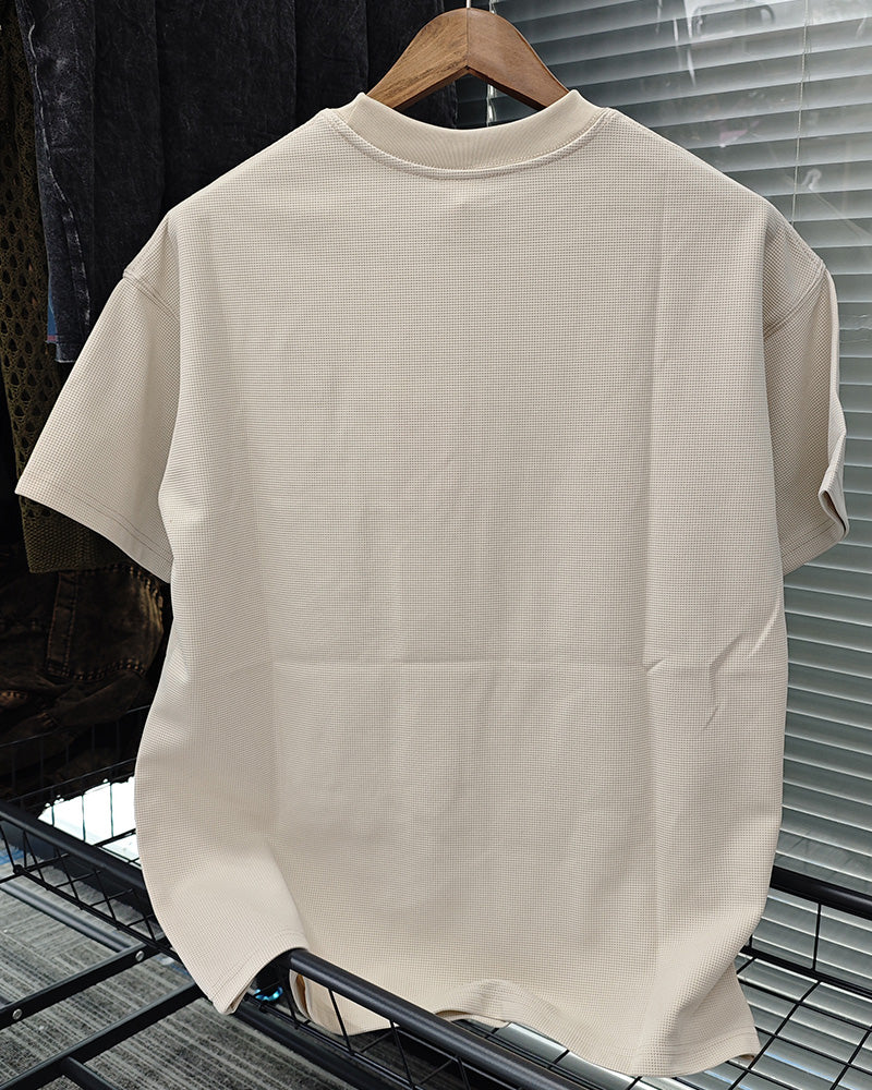 M-3XL Daily Casual Apricot Wafflick Breathable Crewneck Shorts Suit