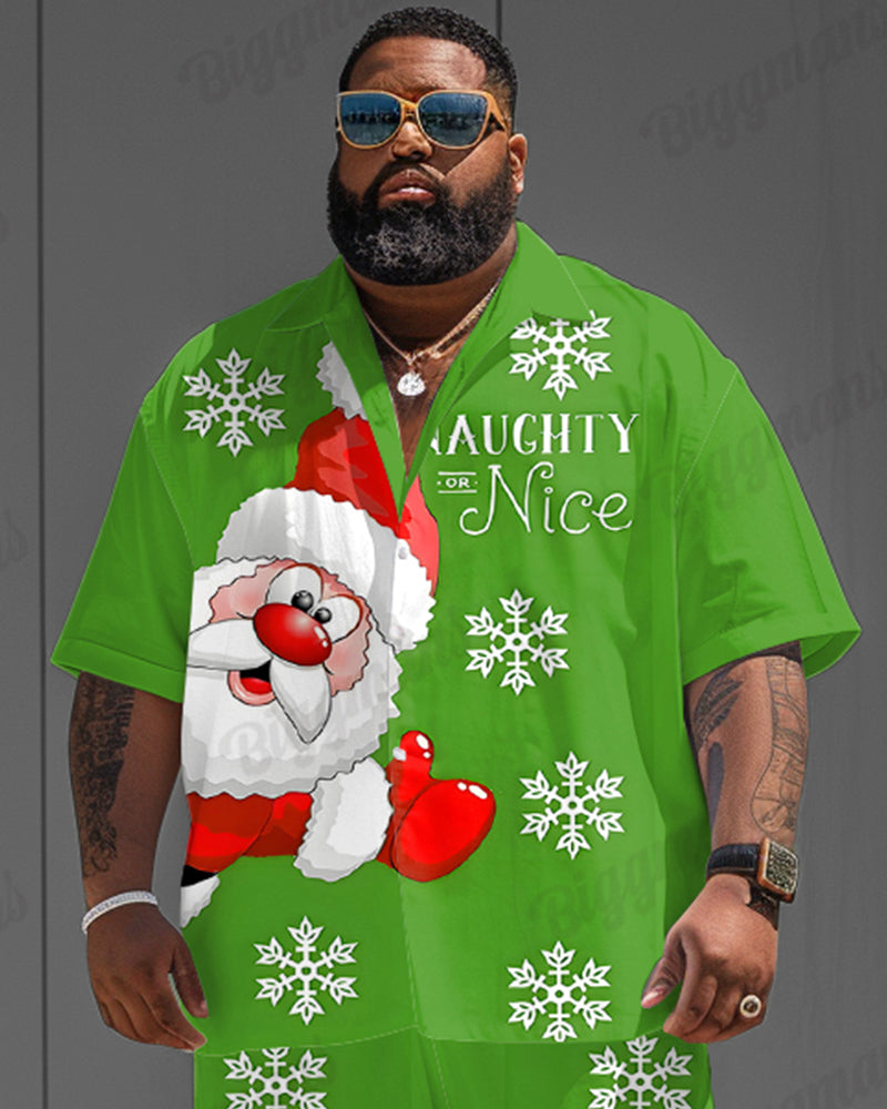 Big Guys Christmas Green Snowflake Santa Print Shirt Shorts Set