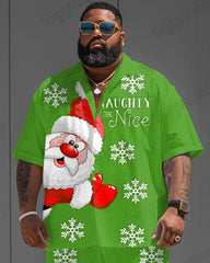 Big Guys Christmas Green Snowflake Santa Print Shirt Shorts Set