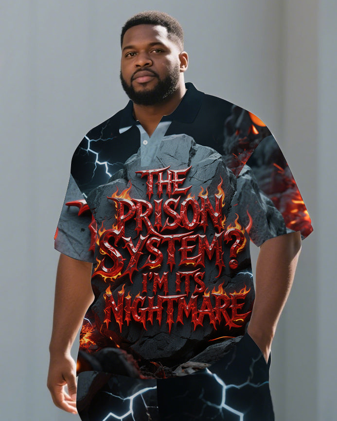 Big Men's Casual Dark Style PRISON Fire Letter Printed 2-Piece Short-Sleeve Polo Shirt Shorts Set