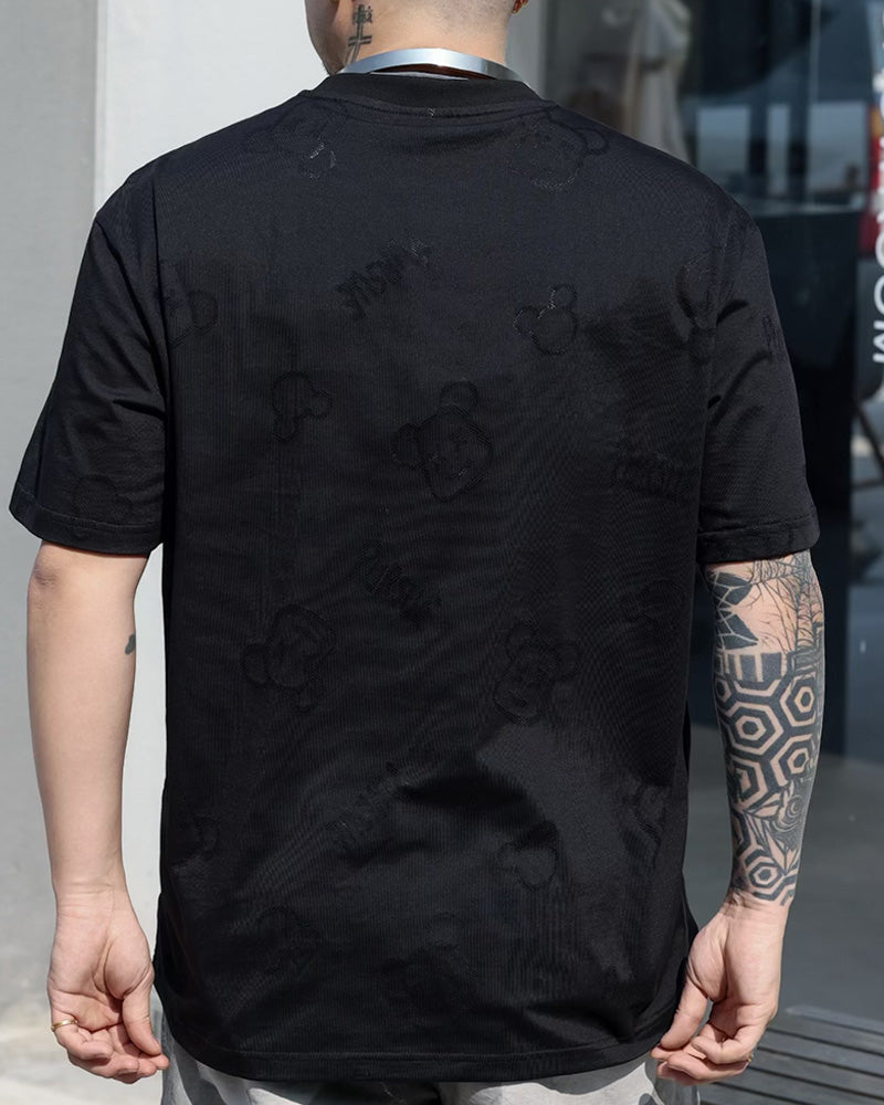 4XL-8XL Big & Tall Men's Daily Casual Jacquard Bear Letter Cotton Crewneck Short-sleeved T-shirt