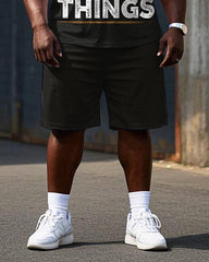 Big Men's Simple Letter Style FIX STUFF Street Fashion Short Sleeve T-Shirt Shorts Set