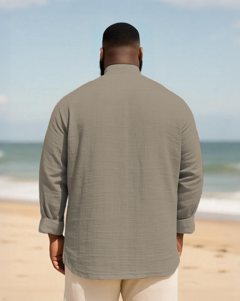 Big & Tall Men's Daily Solid Color Bamboo Hemp Texture Stand Collar Long Sleeve Shirt