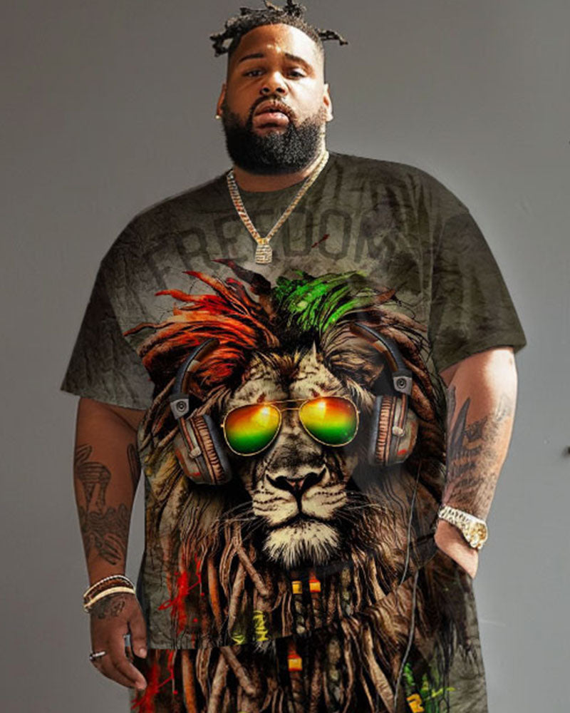 Men Plus Size Street Fashion Graffiti Lion Print T-Shirt Shorts Set