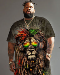 Men Plus Size Street Fashion Graffiti Lion Print T-Shirt Shorts Set
