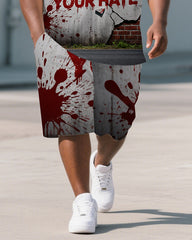 Big Men's Casual Style PRISON Theme Broken Wall Printed Short-Sleeve Polo Shirt Shorts Set