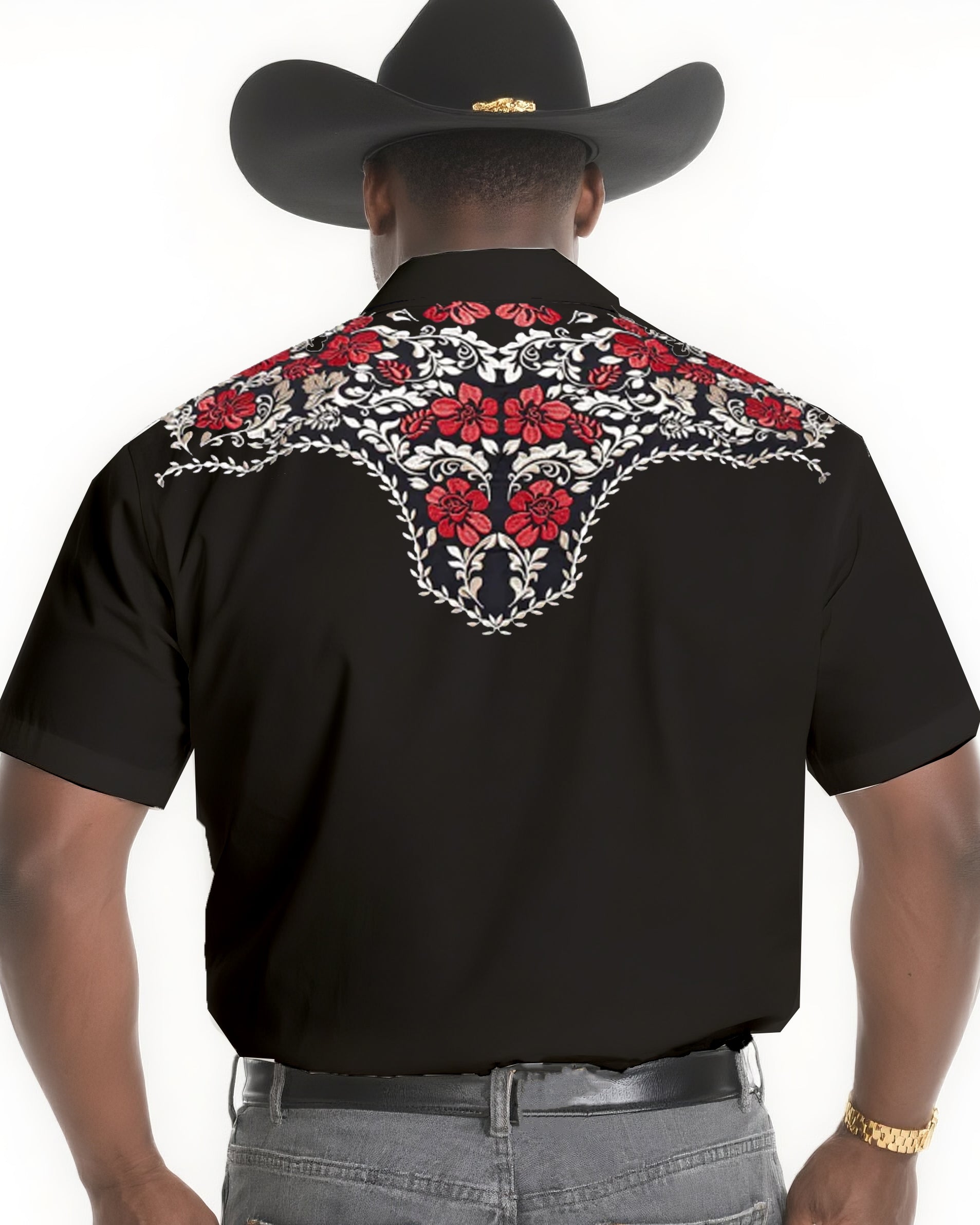 Big & Tall Men's Cattle Ranch Daily Casual Floral Design Textured Black Short Sleeve Shirt