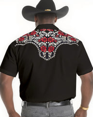 Big & Tall Men's Cattle Ranch Daily Casual Floral Design Textured Black Short Sleeve Shirt