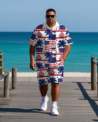 Big Men's Casual Flag Inspired Hawaii Coconut Trees & Sailboat Printed Short Sleeve Shirt Shorts Set