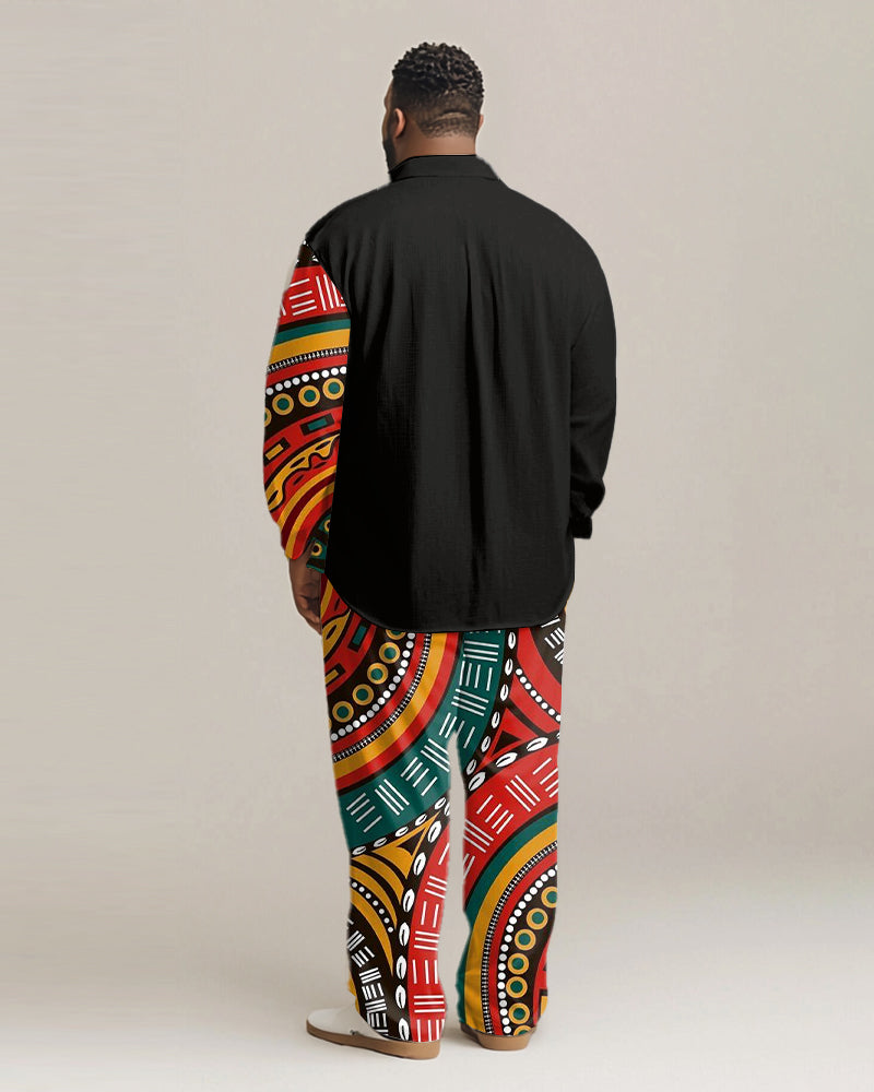 Men's Plus Size Tribal Totem Print Patchwork Long Sleeve Shirt Trousers Suit