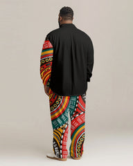 Men's Plus Size Tribal Totem Print Patchwork Long Sleeve Shirt Trousers Suit