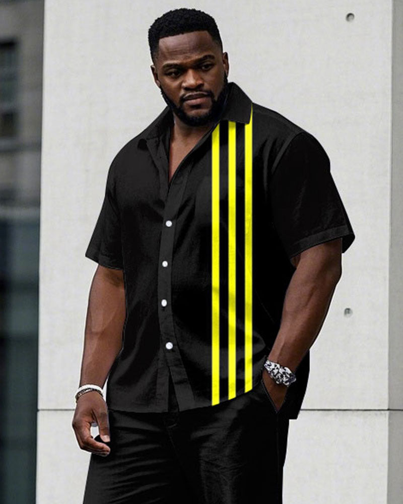 Men's Plus Size Simple Black & Yellow Color Matching Stitching Short-sleeved Shirt Trousers Suit