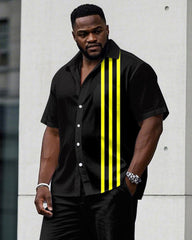 Men's Plus Size Simple Black & Yellow Color Matching Stitching Short-sleeved Shirt Trousers Suit